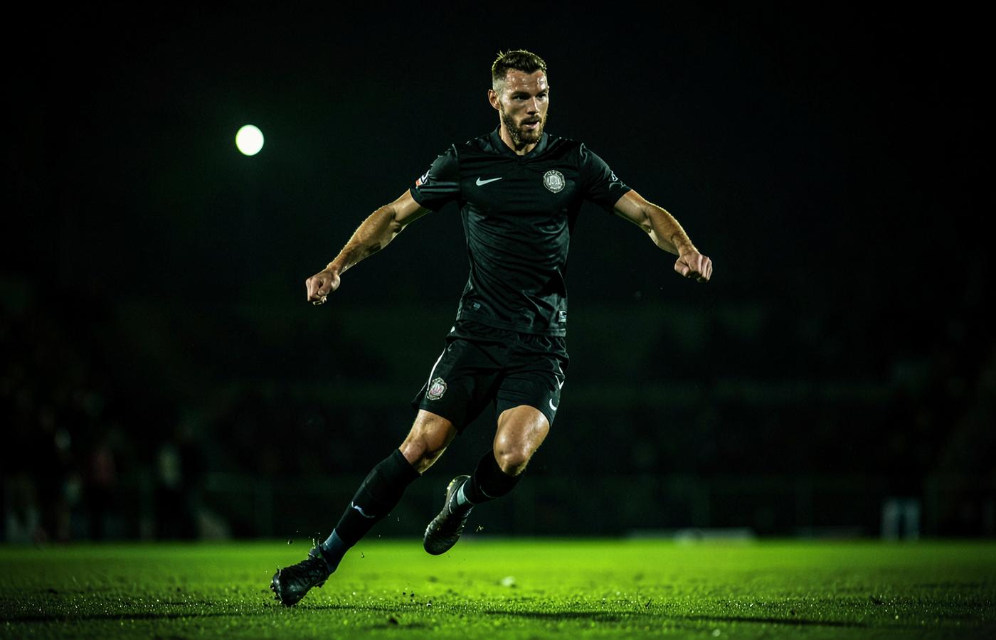 Soccer player in motion at night